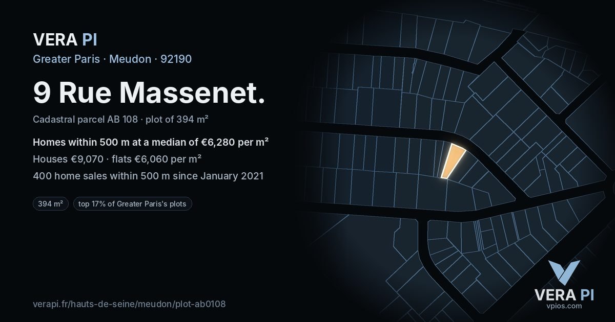 9 Rue Massenet, Meudon at night – the plot lit, the parcels around coloured by the prices near them