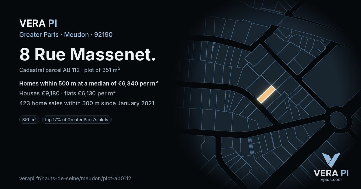 8 Rue Massenet, Meudon at night – the plot lit, the parcels around coloured by the prices near them