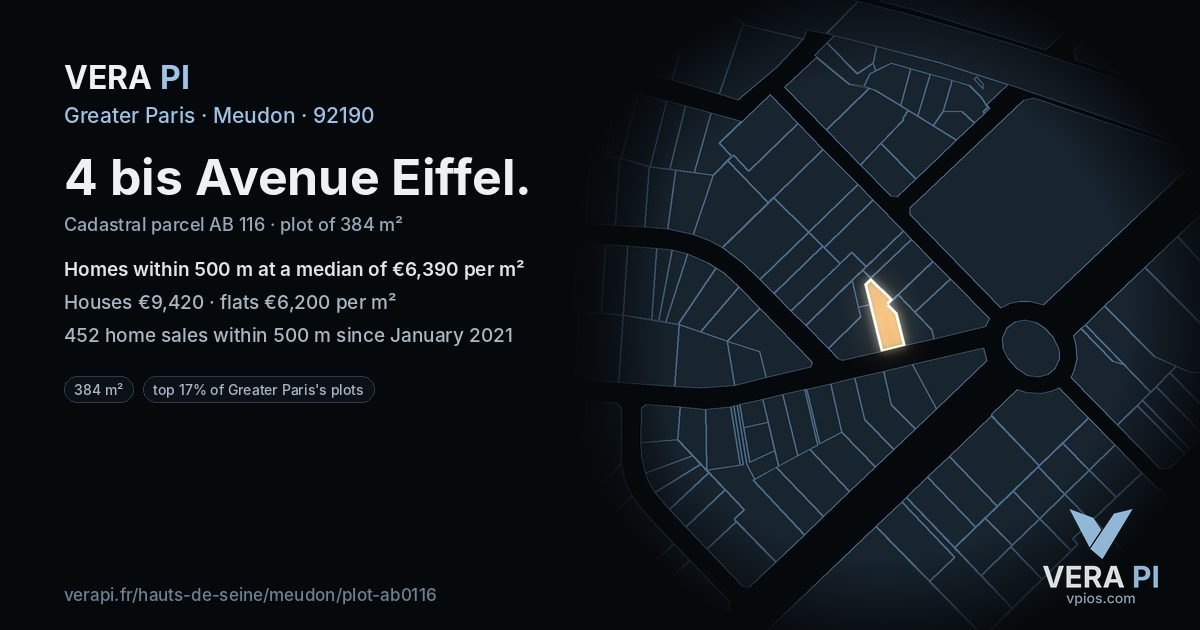 4 bis Avenue Eiffel, Meudon at night – the plot lit, the parcels around coloured by the prices near them