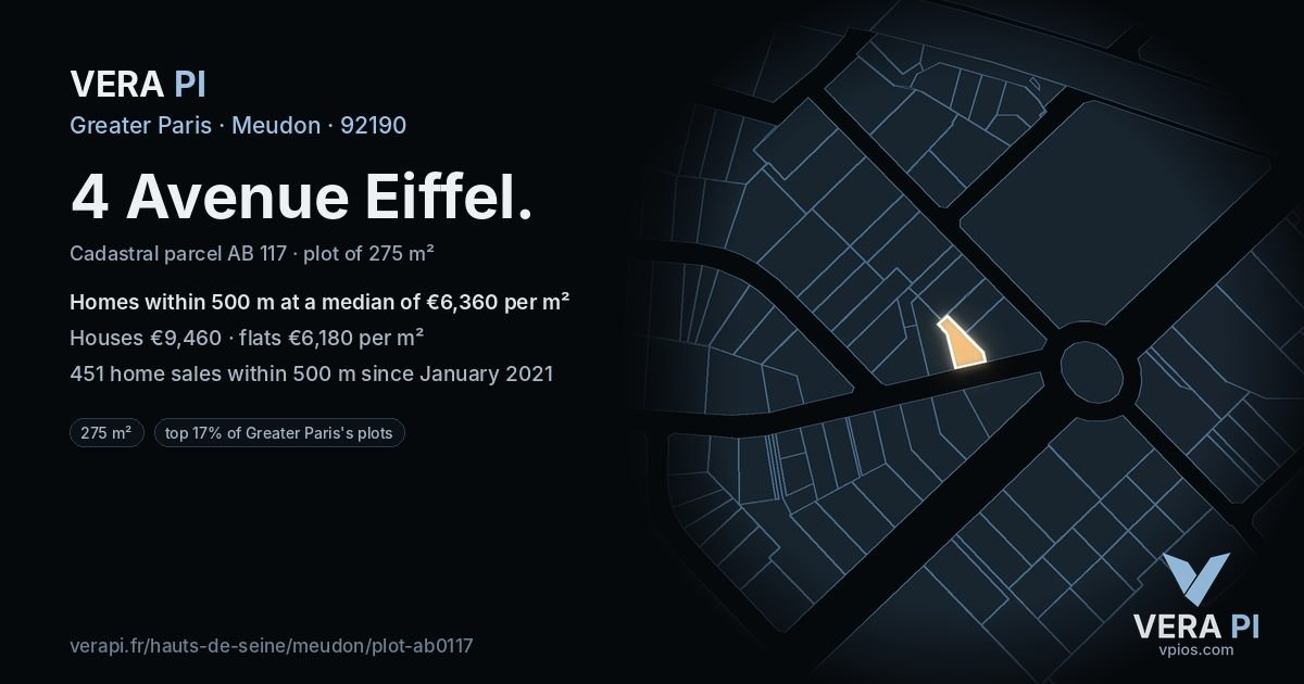 4 Avenue Eiffel, Meudon at night – the plot lit, the parcels around coloured by the prices near them