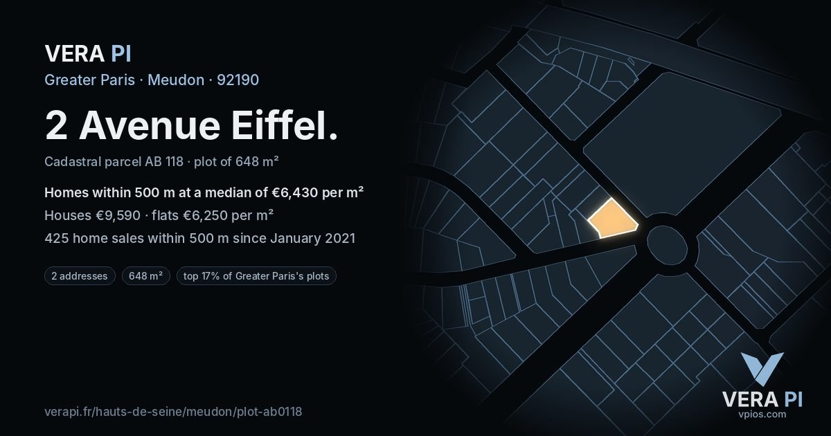 2 Avenue Eiffel, Meudon at night – the plot lit, the parcels around coloured by the prices near them