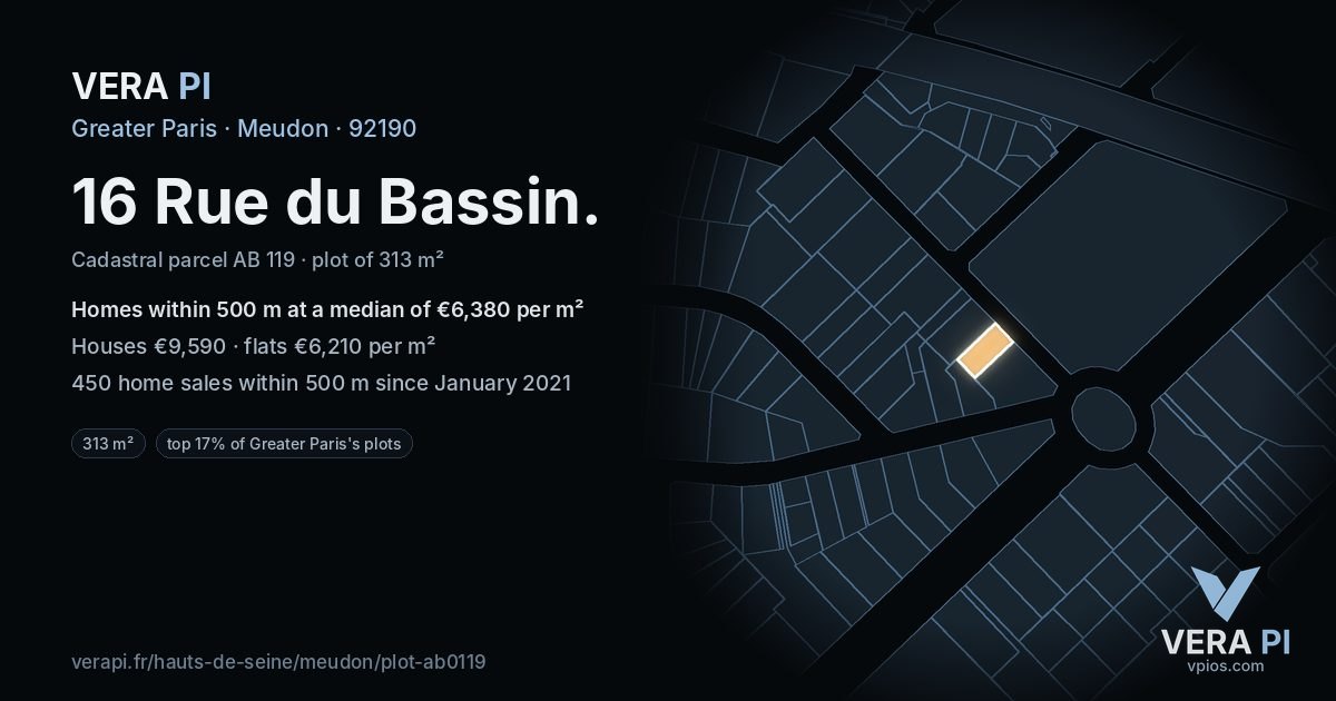 16 Rue du Bassin, Meudon at night – the plot lit, the parcels around coloured by the prices near them