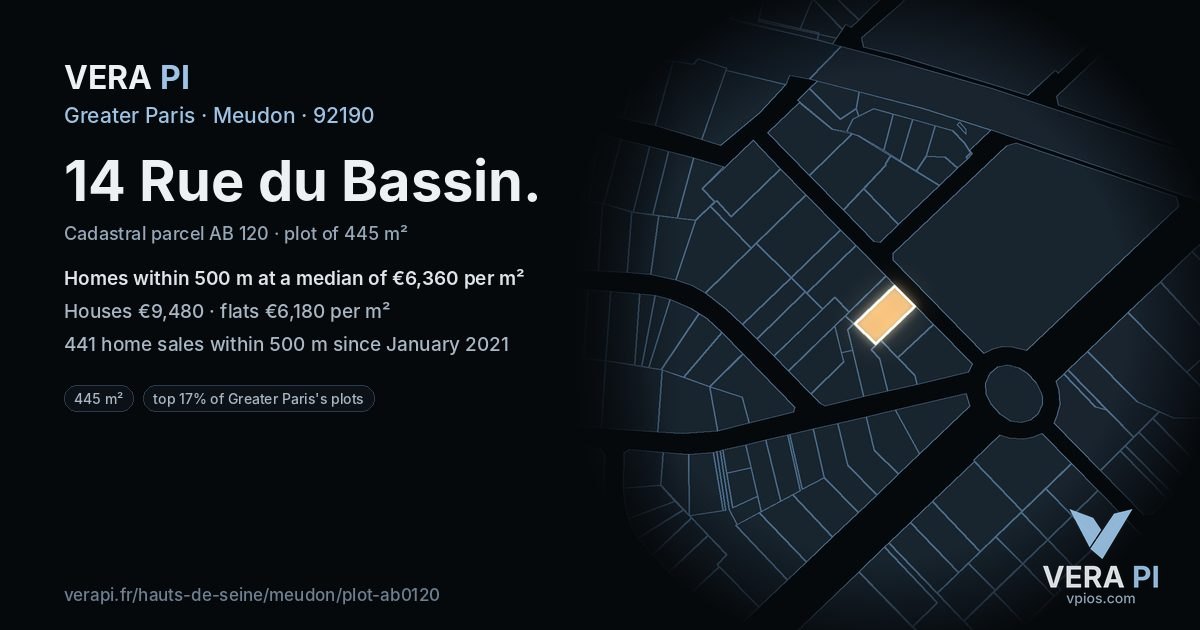 14 Rue du Bassin, Meudon at night – the plot lit, the parcels around coloured by the prices near them