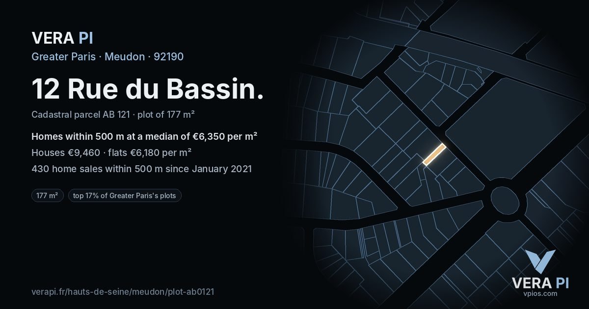 12 Rue du Bassin, Meudon at night – the plot lit, the parcels around coloured by the prices near them