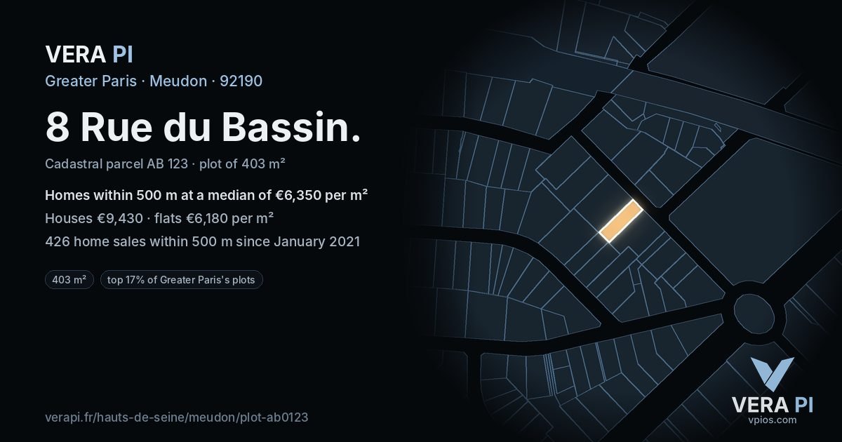 8 Rue du Bassin, Meudon at night – the plot lit, the parcels around coloured by the prices near them