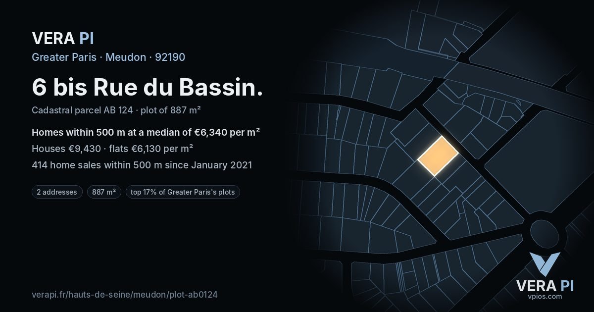 6 bis Rue du Bassin, Meudon at night – the plot lit, the parcels around coloured by the prices near them