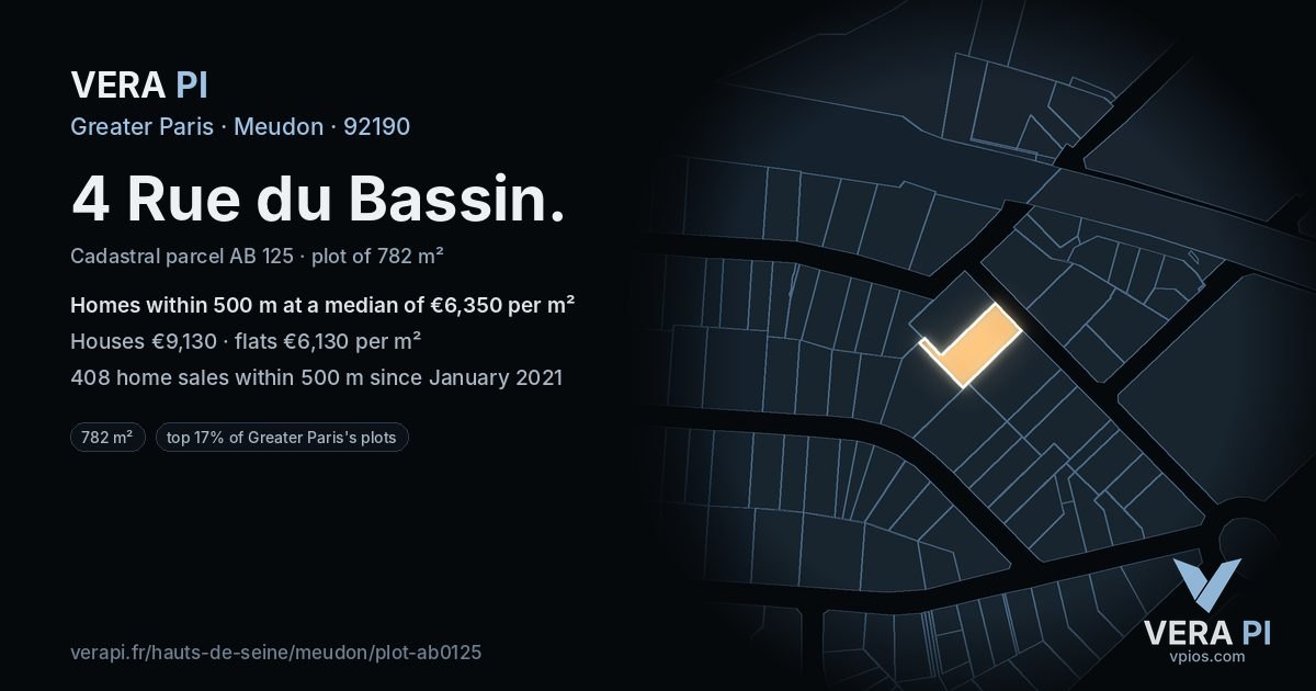 4 Rue du Bassin, Meudon at night – the plot lit, the parcels around coloured by the prices near them