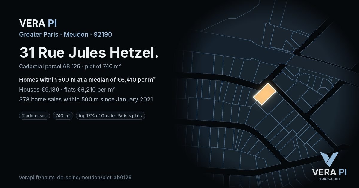 31 Rue Jules Hetzel, Meudon at night – the plot lit, the parcels around coloured by the prices near them