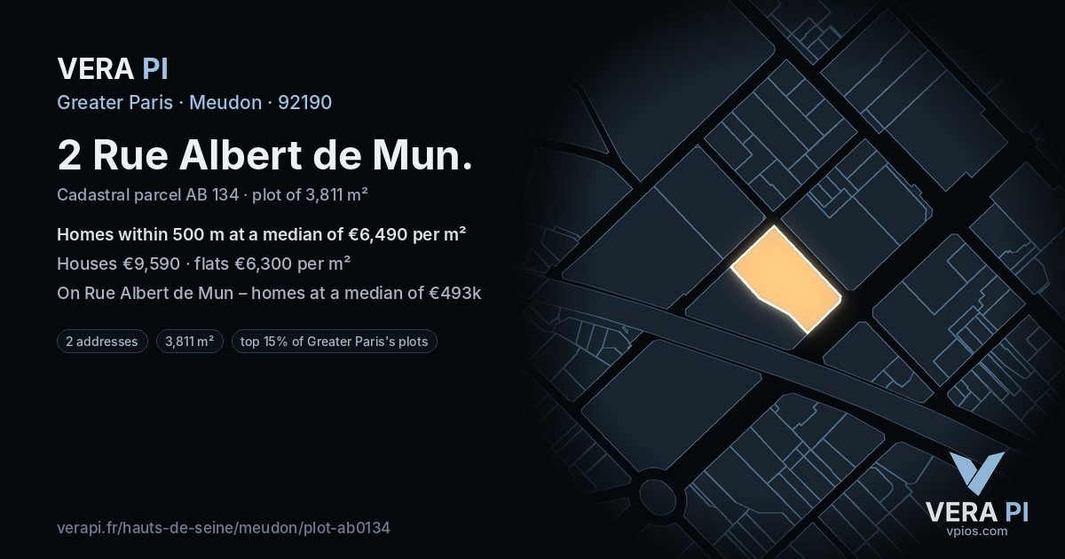2 Rue Albert de Mun, Meudon at night – the plot lit, the parcels around coloured by the prices near them