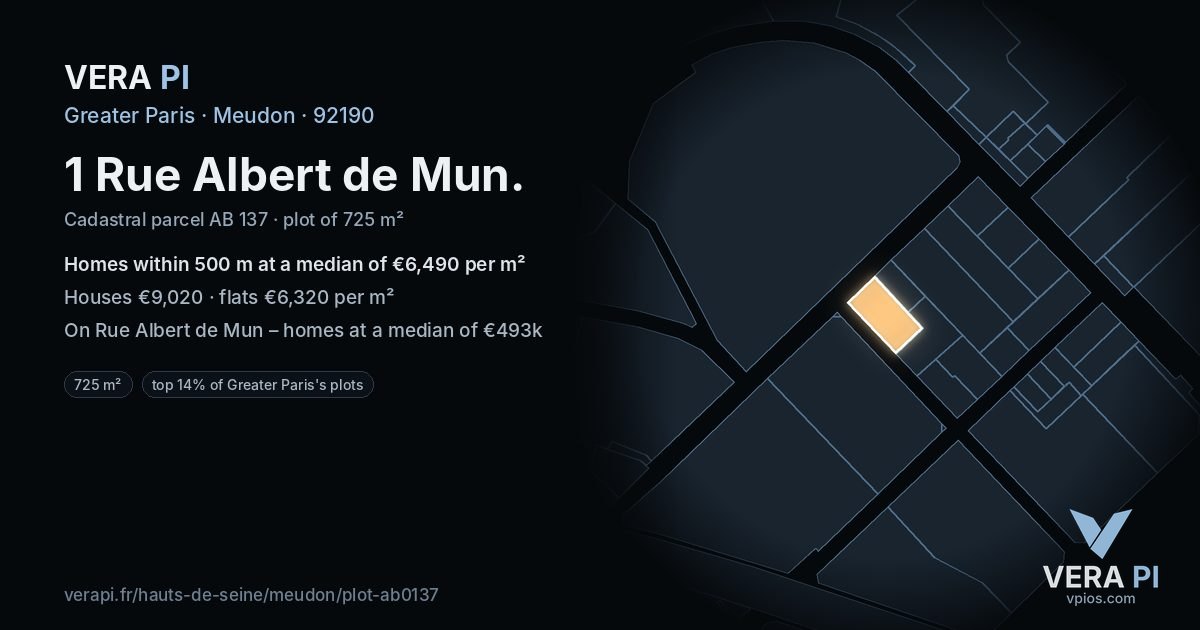 1 Rue Albert de Mun, Meudon at night – the plot lit, the parcels around coloured by the prices near them