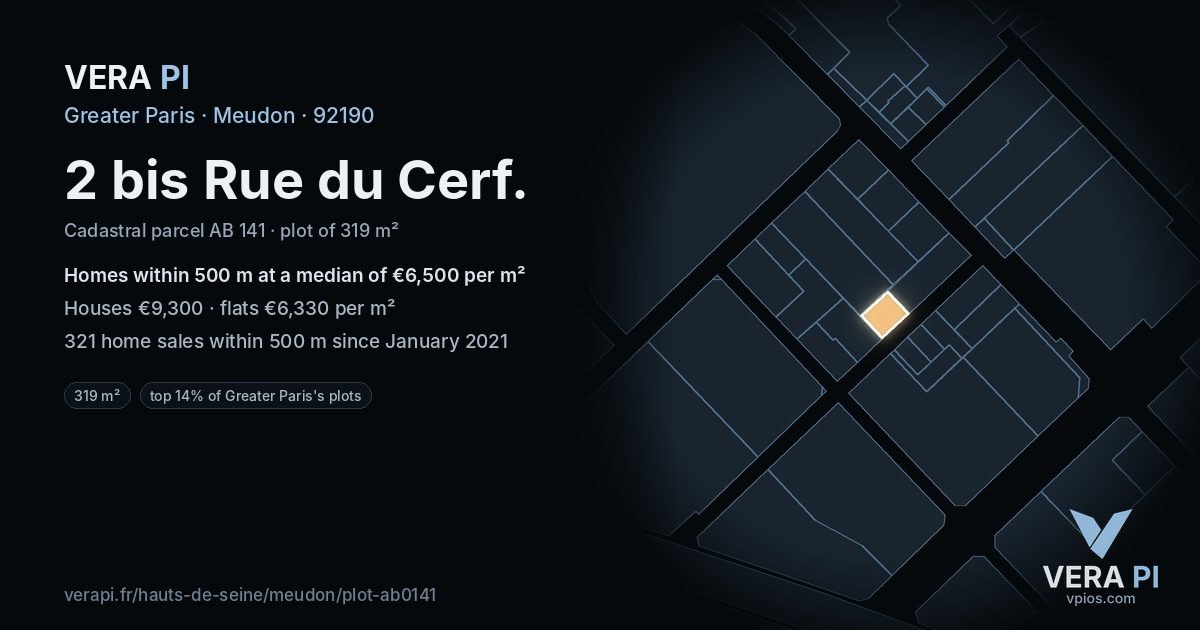 2 bis Rue du Cerf, Meudon at night – the plot lit, the parcels around coloured by the prices near them