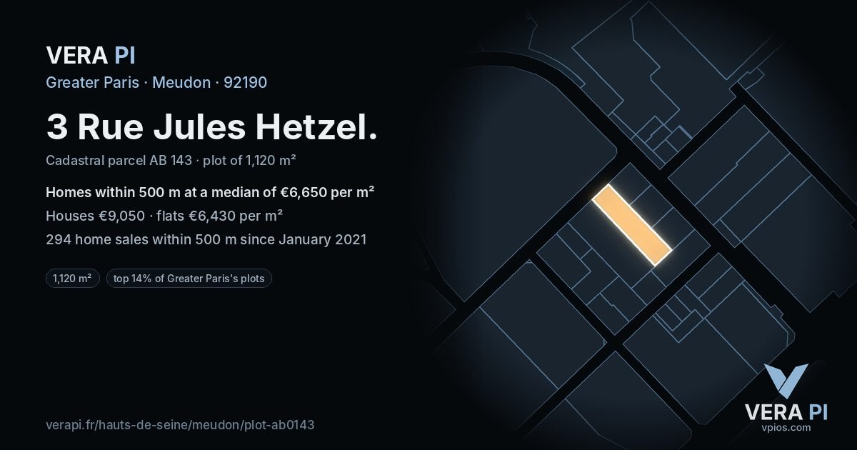 3 Rue Jules Hetzel, Meudon at night – the plot lit, the parcels around coloured by the prices near them