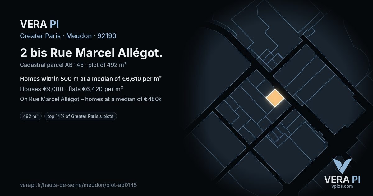 2 bis Rue Marcel Allégot, Meudon at night – the plot lit, the parcels around coloured by the prices near them