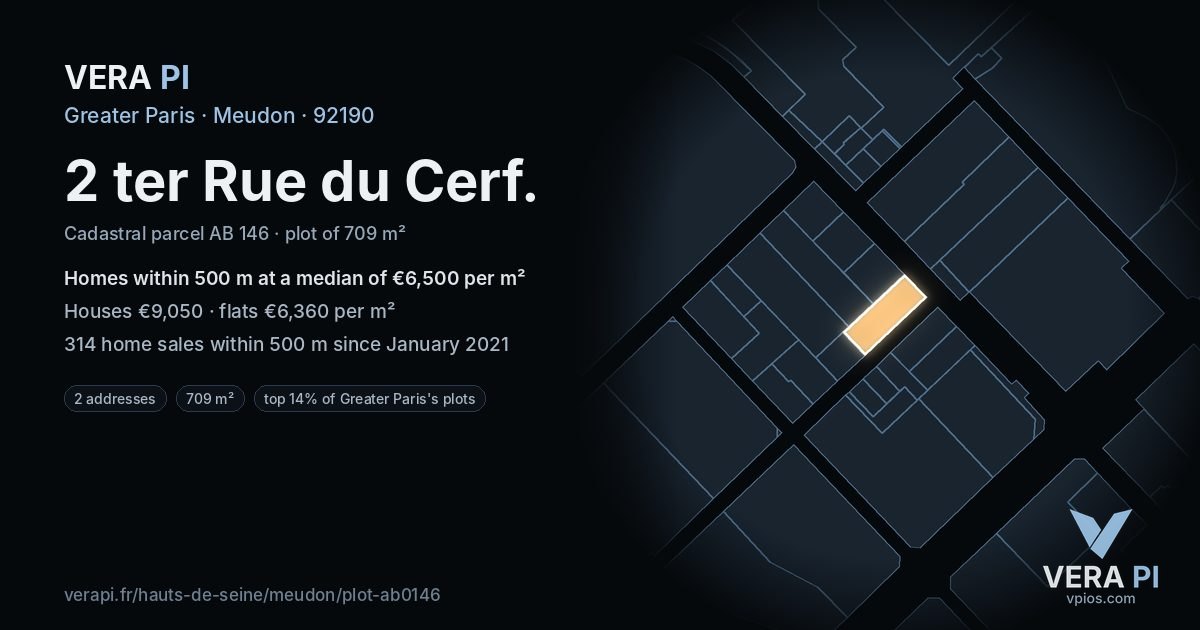 2 ter Rue du Cerf, Meudon at night – the plot lit, the parcels around coloured by the prices near them