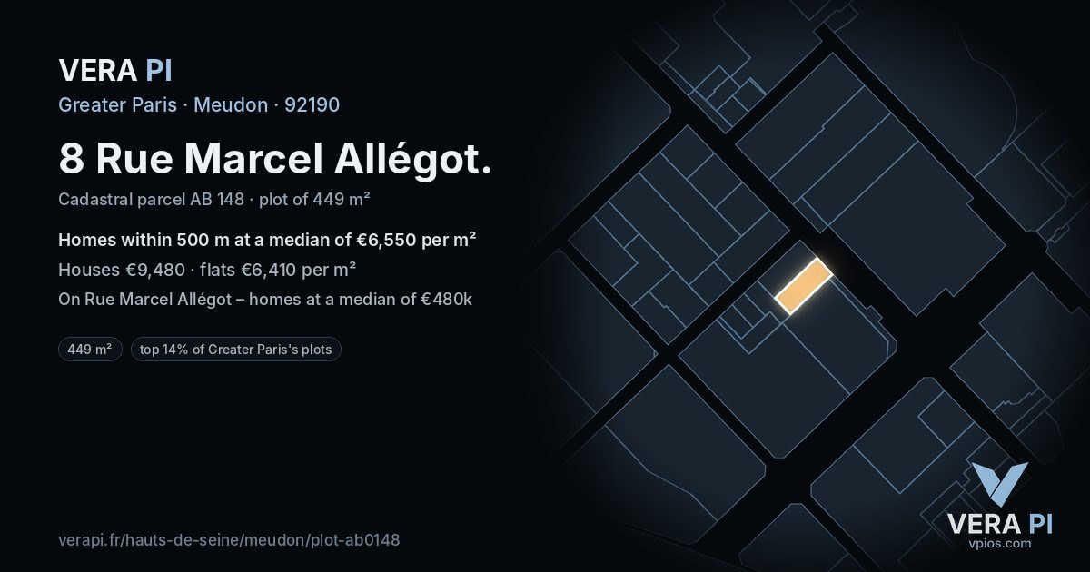 8 Rue Marcel Allégot, Meudon at night – the plot lit, the parcels around coloured by the prices near them