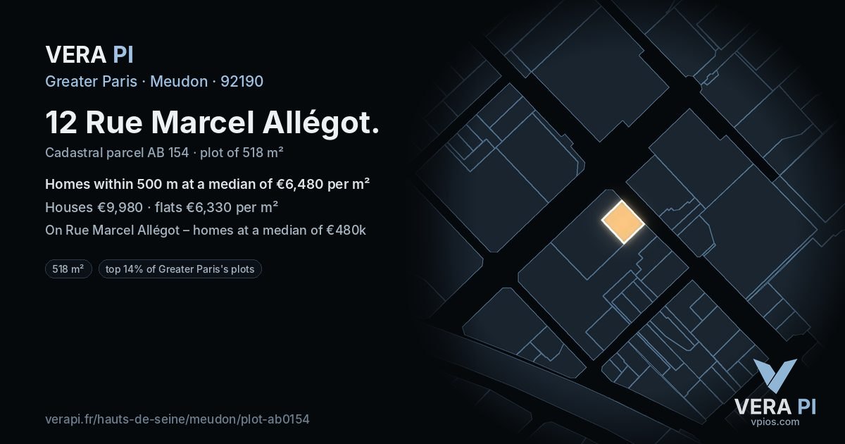 12 Rue Marcel Allégot, Meudon at night – the plot lit, the parcels around coloured by the prices near them