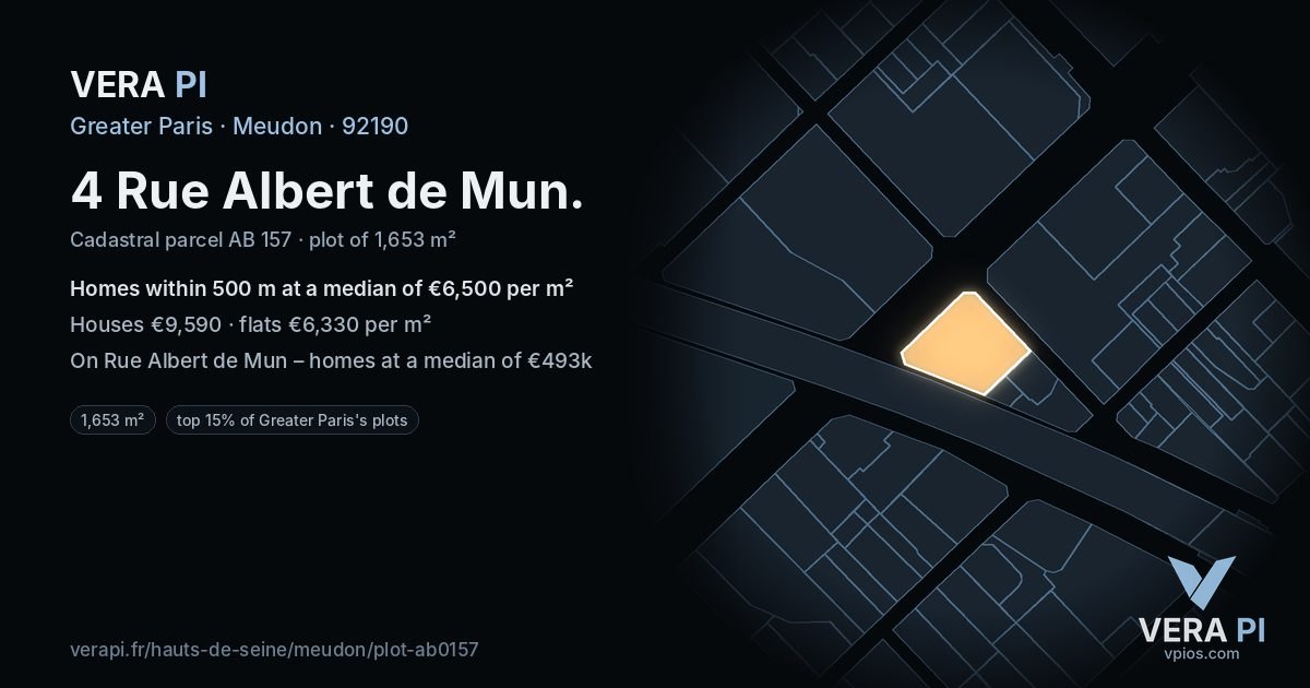 4 Rue Albert de Mun, Meudon at night – the plot lit, the parcels around coloured by the prices near them