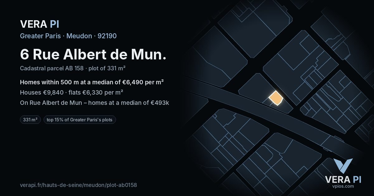 6 Rue Albert de Mun, Meudon at night – the plot lit, the parcels around coloured by the prices near them