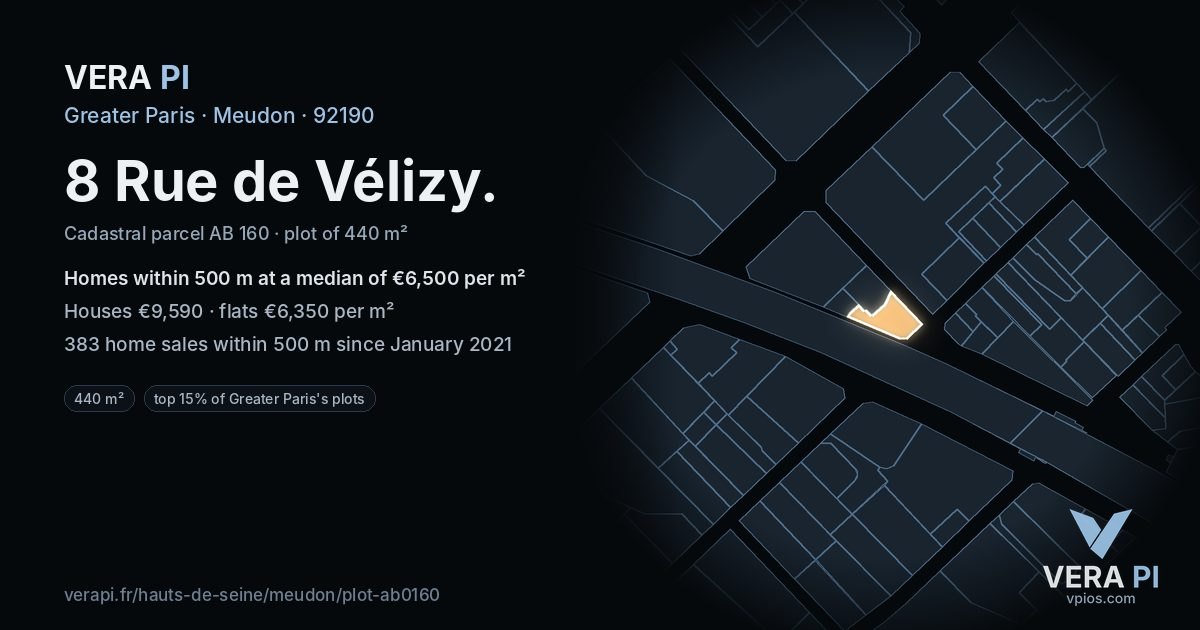 8 Rue de Vélizy, Meudon at night – the plot lit, the parcels around coloured by the prices near them