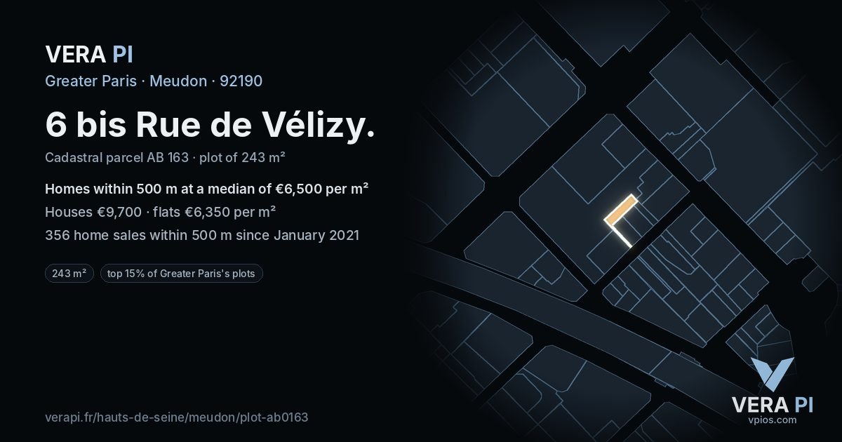 6 bis Rue de Vélizy, Meudon at night – the plot lit, the parcels around coloured by the prices near them