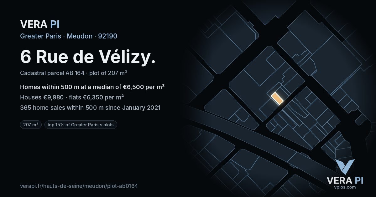 6 Rue de Vélizy, Meudon at night – the plot lit, the parcels around coloured by the prices near them
