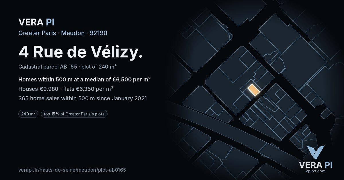 4 Rue de Vélizy, Meudon at night – the plot lit, the parcels around coloured by the prices near them