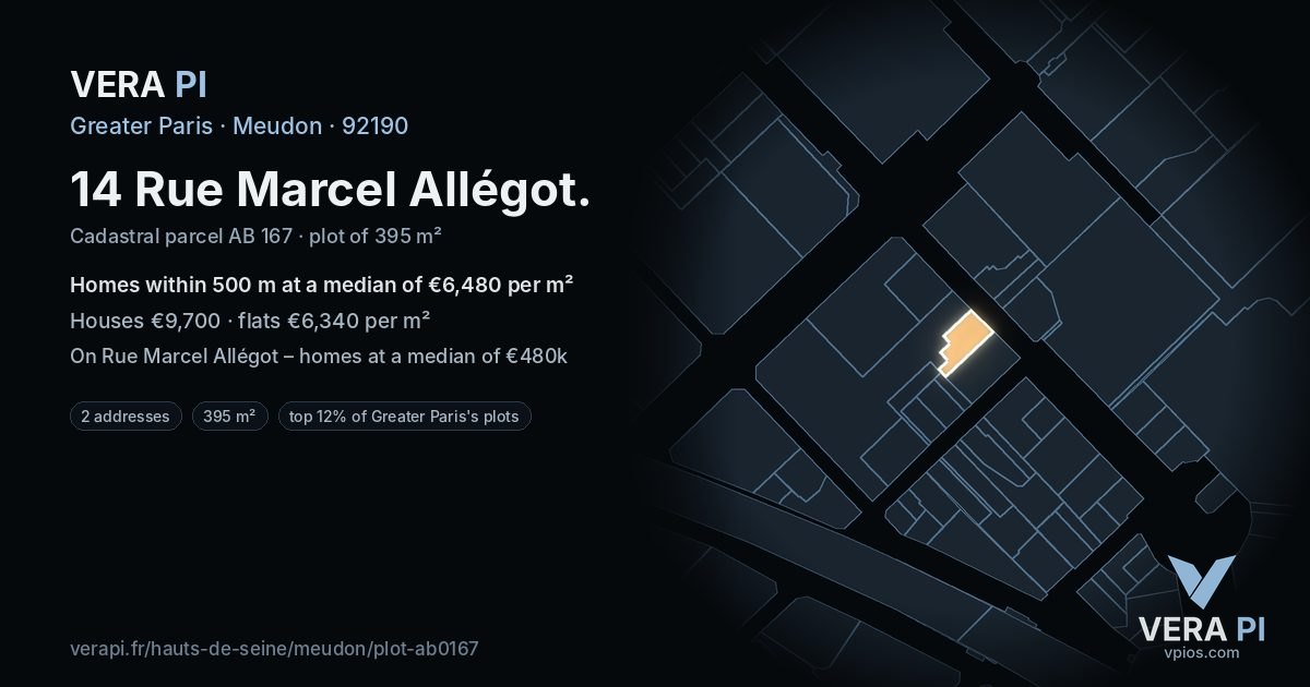 14 Rue Marcel Allégot, Meudon at night – the plot lit, the parcels around coloured by the prices near them