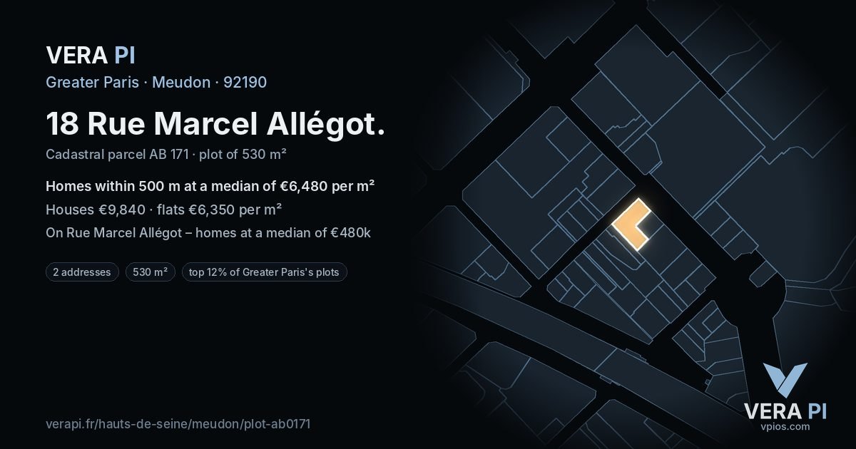 18 Rue Marcel Allégot, Meudon at night – the plot lit, the parcels around coloured by the prices near them