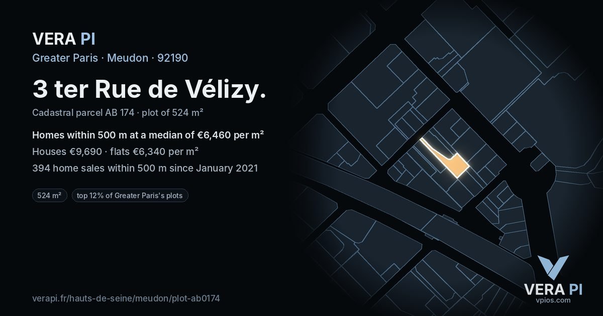 3 ter Rue de Vélizy, Meudon at night – the plot lit, the parcels around coloured by the prices near them