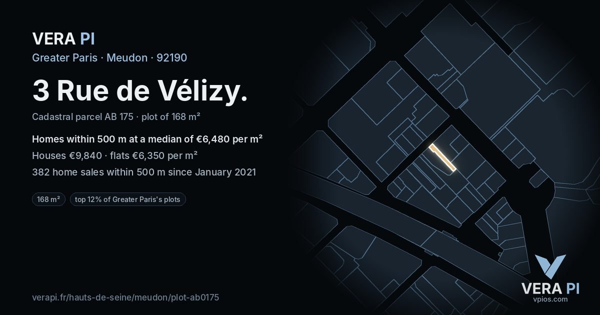 3 Rue de Vélizy, Meudon at night – the plot lit, the parcels around coloured by the prices near them