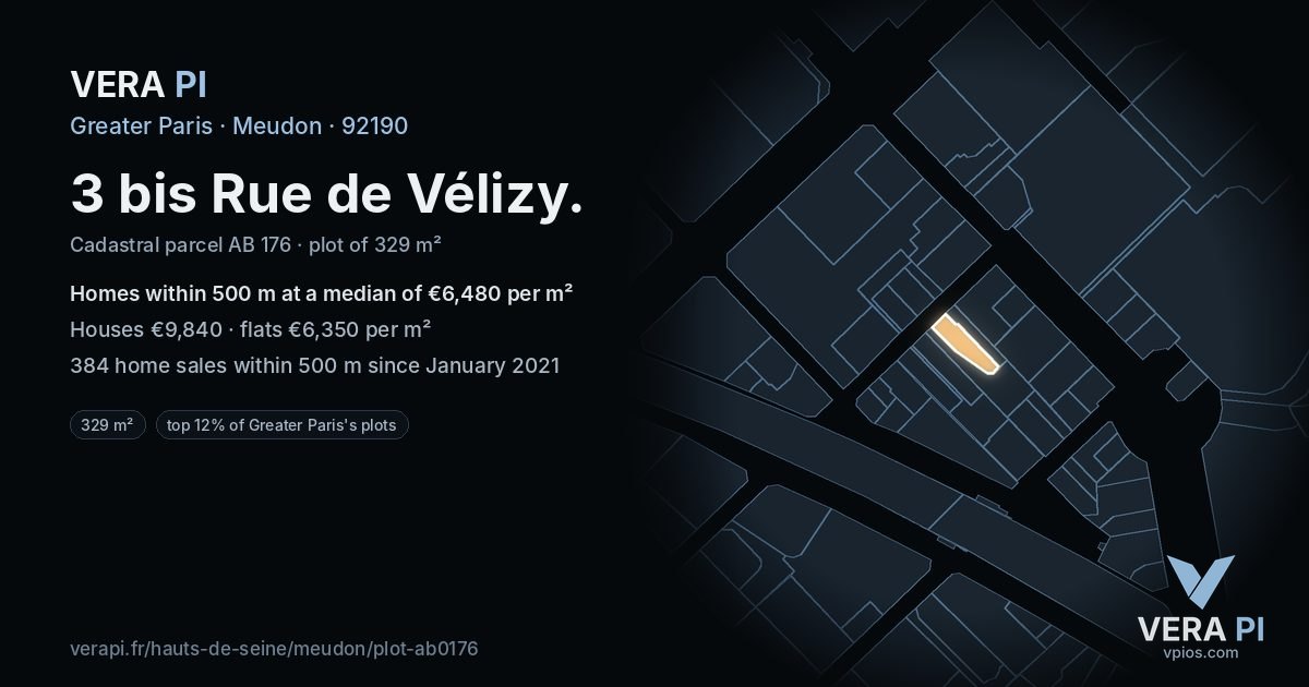 3 bis Rue de Vélizy, Meudon at night – the plot lit, the parcels around coloured by the prices near them