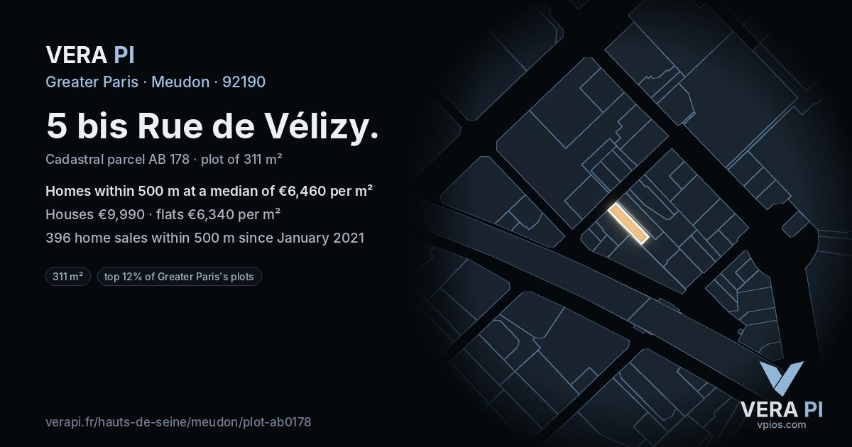 5 bis Rue de Vélizy, Meudon at night – the plot lit, the parcels around coloured by the prices near them