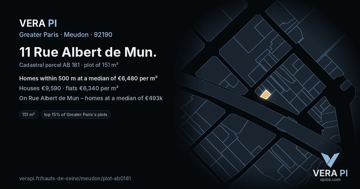 11 Rue Albert de Mun, Meudon at night – the plot lit, the parcels around coloured by the prices near them