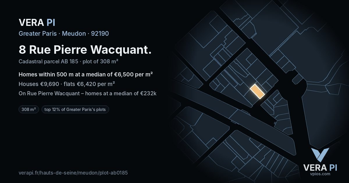 8 Rue Pierre Wacquant, Meudon at night – the plot lit, the parcels around coloured by the prices near them