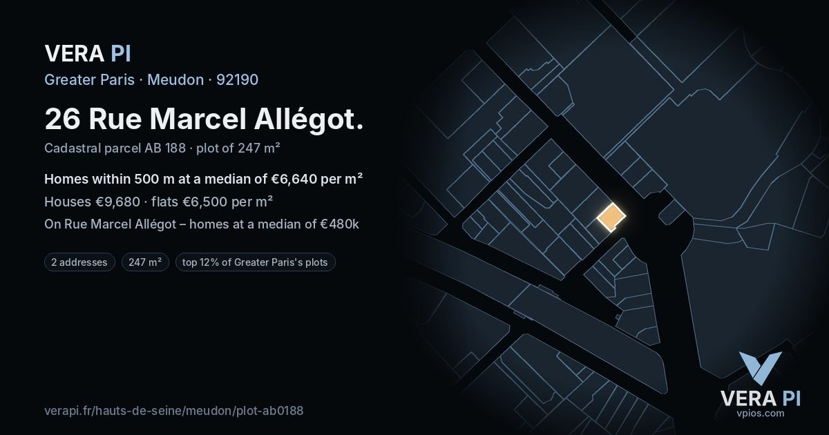26 Rue Marcel Allégot, Meudon at night – the plot lit, the parcels around coloured by the prices near them