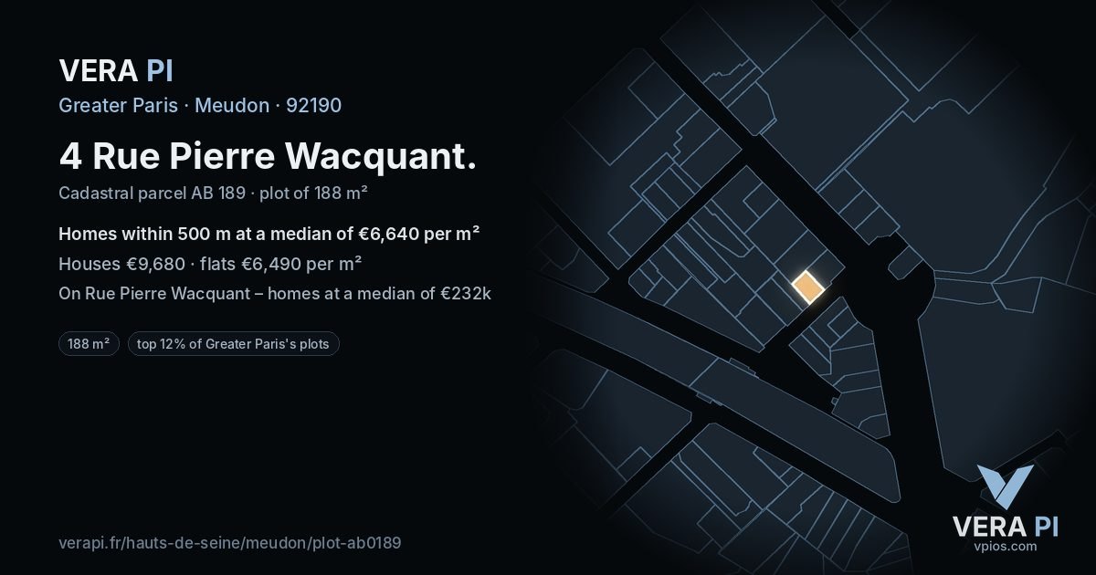 4 Rue Pierre Wacquant, Meudon at night – the plot lit, the parcels around coloured by the prices near them