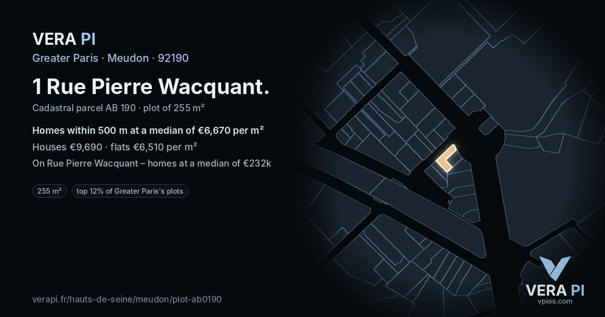 1 Rue Pierre Wacquant, Meudon at night – the plot lit, the parcels around coloured by the prices near them