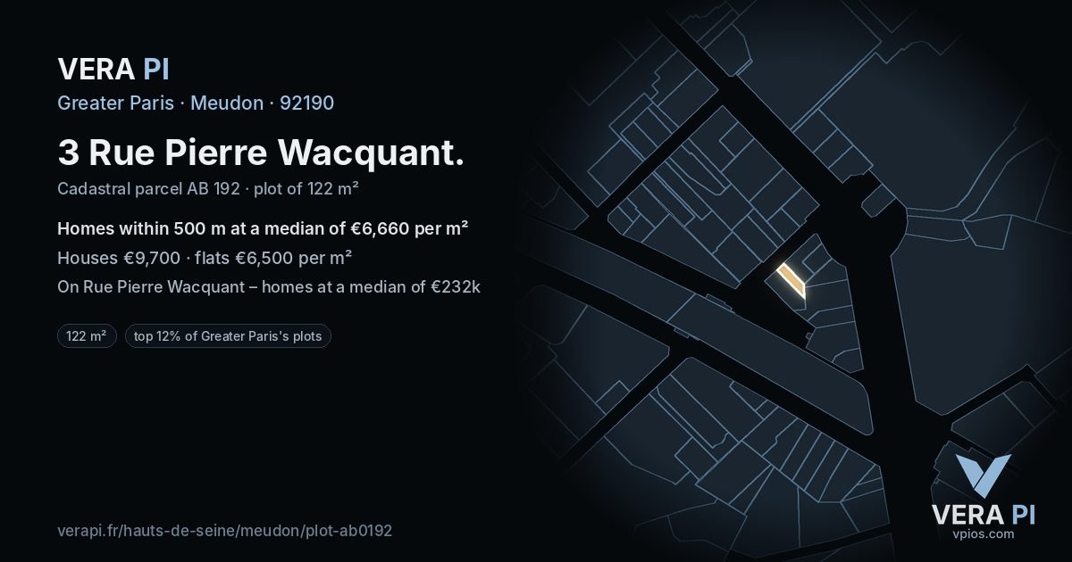 3 Rue Pierre Wacquant, Meudon at night – the plot lit, the parcels around coloured by the prices near them