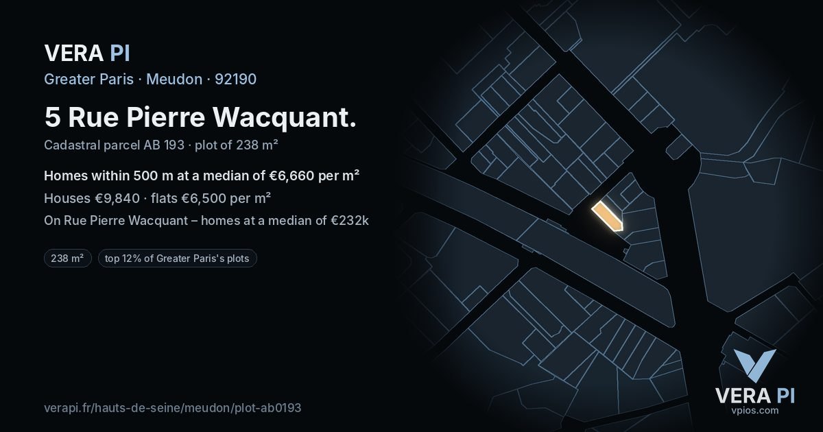 5 Rue Pierre Wacquant, Meudon at night – the plot lit, the parcels around coloured by the prices near them