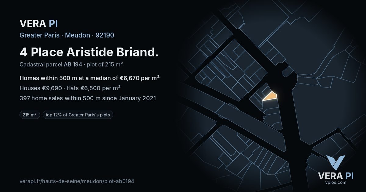 4 Place Aristide Briand, Meudon at night – the plot lit, the parcels around coloured by the prices near them