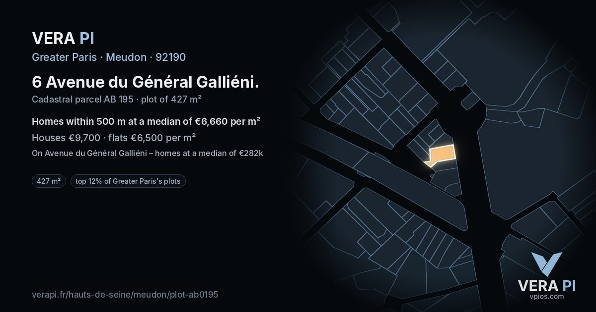 6 Avenue du Général Galliéni, Meudon at night – the plot lit, the parcels around coloured by the prices near them