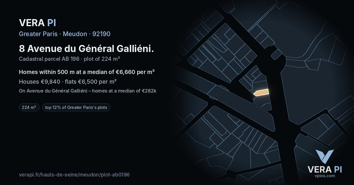 8 Avenue du Général Galliéni, Meudon at night – the plot lit, the parcels around coloured by the prices near them