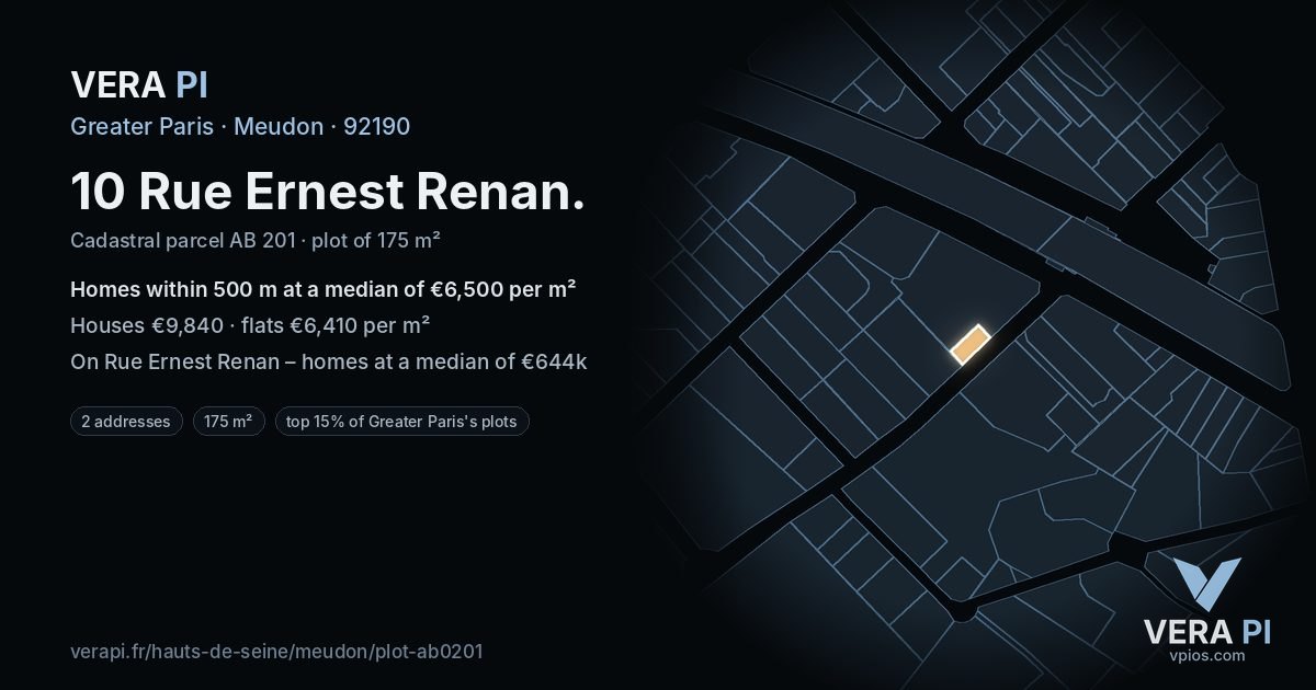 10 Rue Ernest Renan, Meudon at night – the plot lit, the parcels around coloured by the prices near them