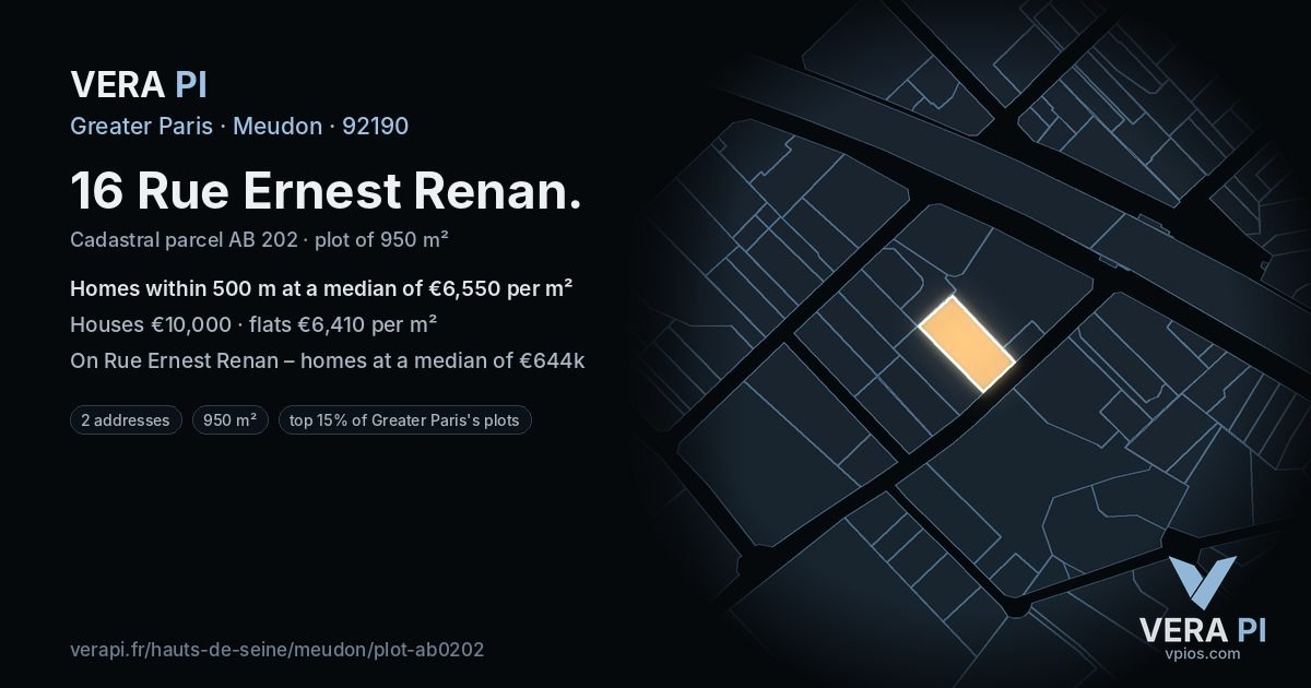 16 Rue Ernest Renan, Meudon at night – the plot lit, the parcels around coloured by the prices near them