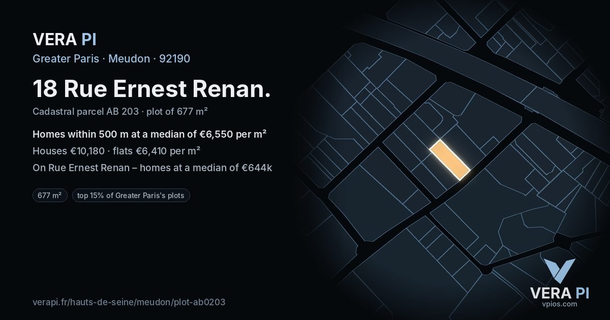 18 Rue Ernest Renan, Meudon at night – the plot lit, the parcels around coloured by the prices near them