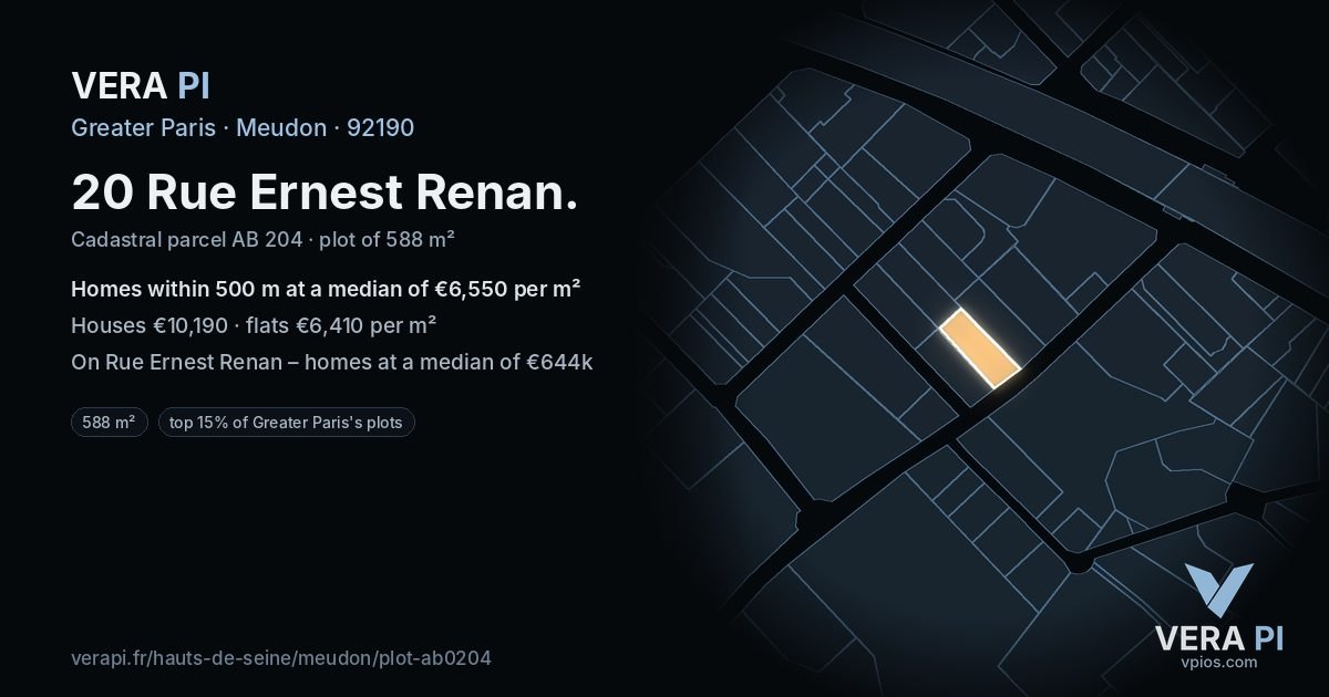 20 Rue Ernest Renan, Meudon at night – the plot lit, the parcels around coloured by the prices near them