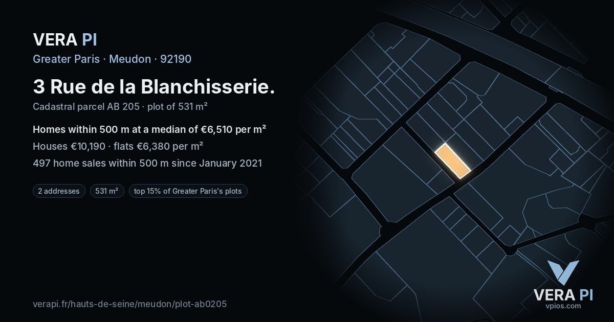 3 Rue de la Blanchisserie, Meudon at night – the plot lit, the parcels around coloured by the prices near them