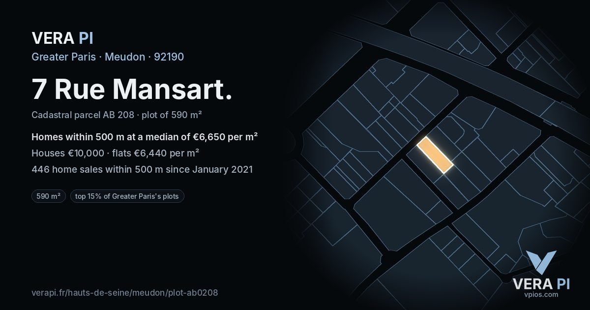 7 Rue Mansart, Meudon at night – the plot lit, the parcels around coloured by the prices near them