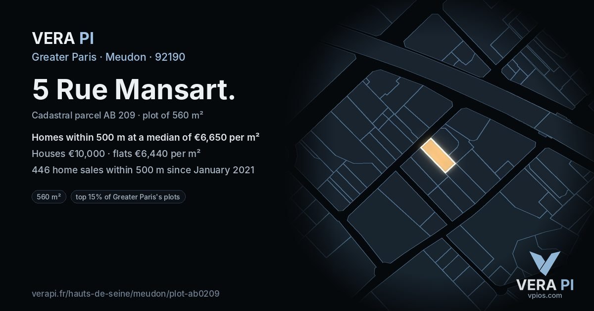 5 Rue Mansart, Meudon at night – the plot lit, the parcels around coloured by the prices near them
