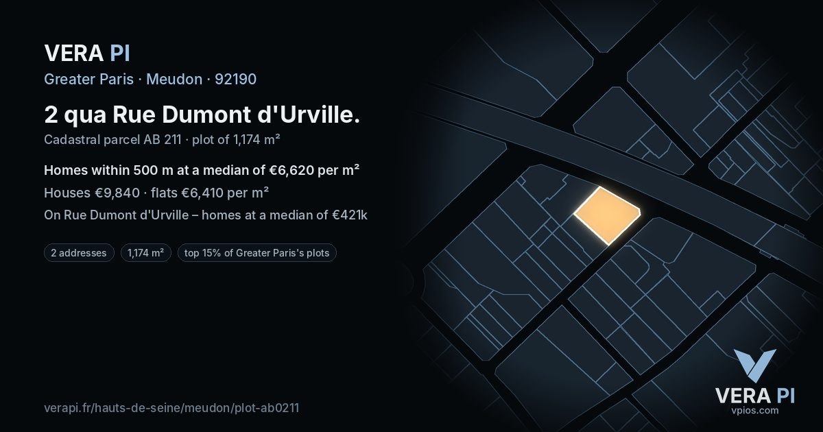 2 qua Rue Dumont d'Urville, Meudon at night – the plot lit, the parcels around coloured by the prices near them